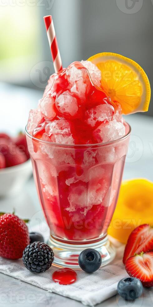 Refreshing crushed ice drink topped with fruit and syrup served on a bright table photo