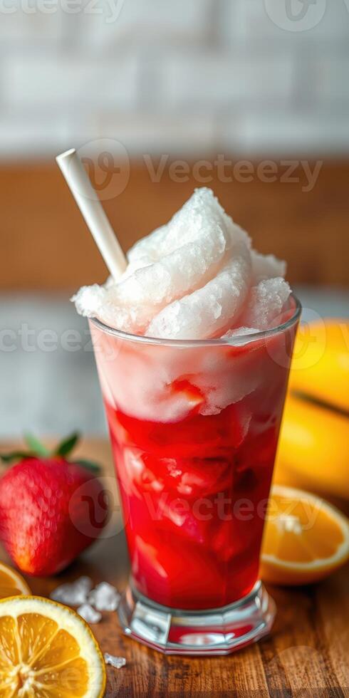 Refreshing summer slush with vibrant fruit flavors served in a glass on a wooden table photo