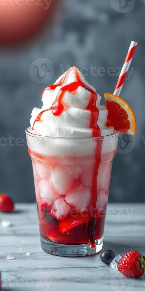 Refreshing summery dessert drink with strawberries, ice, and whipped cream served in a glass photo