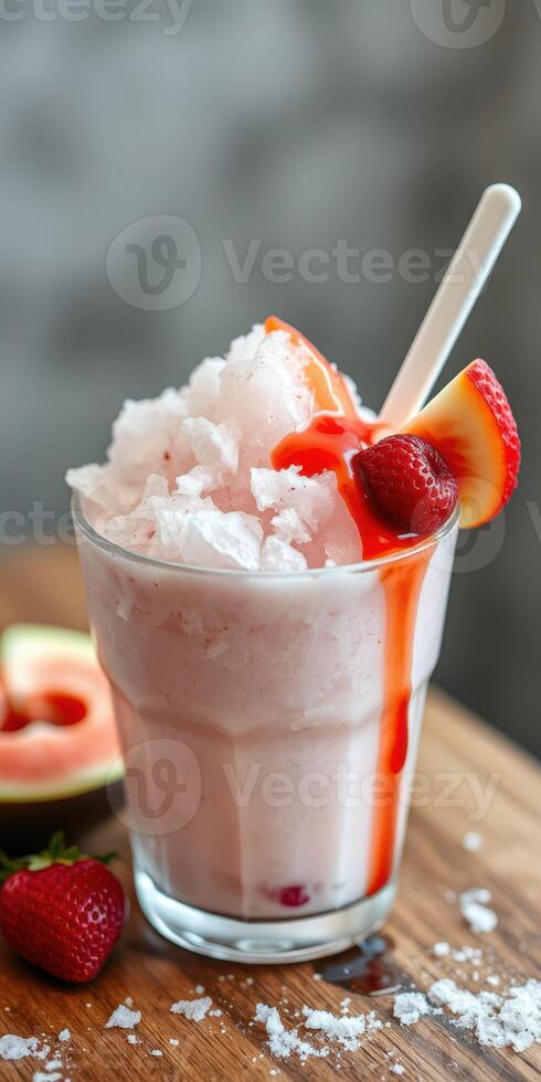 Refreshing strawberry slush with syrup and fresh fruit garnished on a wooden table photo