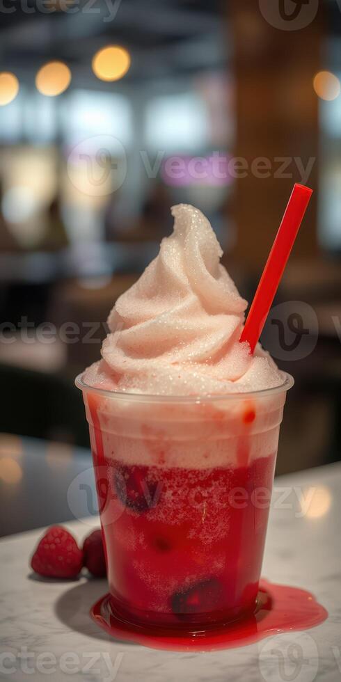 Delicious soft serve drink topped with whipped cream and a cherry served in a clear cup photo