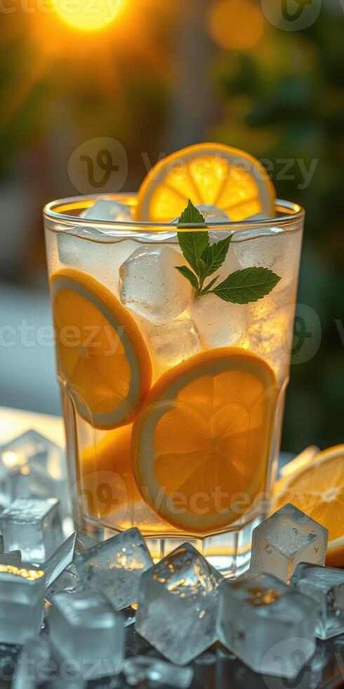 Refreshing citrus drink with ice and mint leaves on a warm sunset evening photo