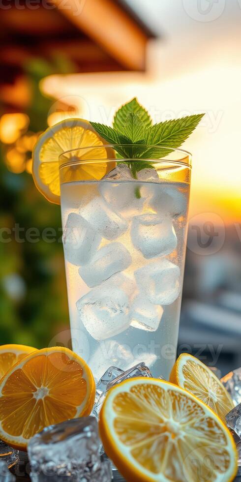 Refreshing citrus drink served with ice and mint at sunset photo