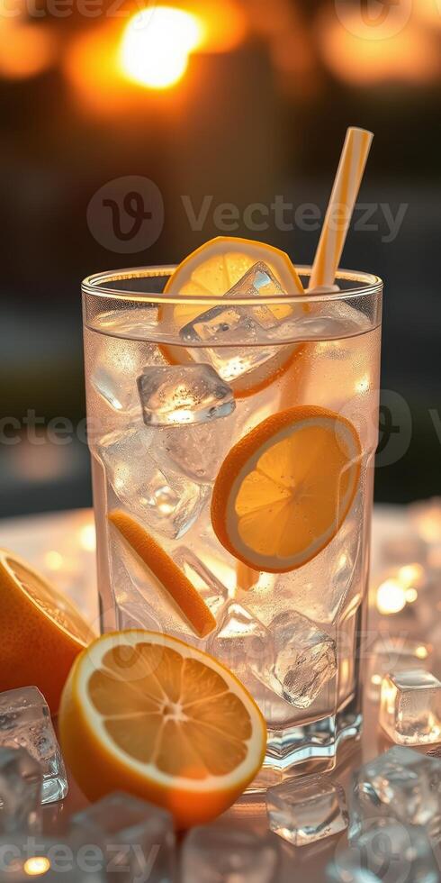 Refreshing citrus drink with lemon slices and ice on a warm evening photo