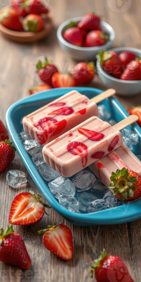 Strawberry popsicles arranged on ice with fresh strawberries in a blue tray setting photo