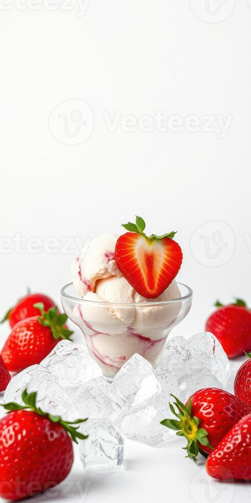 Delicious strawberry swirl ice cream in a glass surrounded by fresh strawberries and ice photo