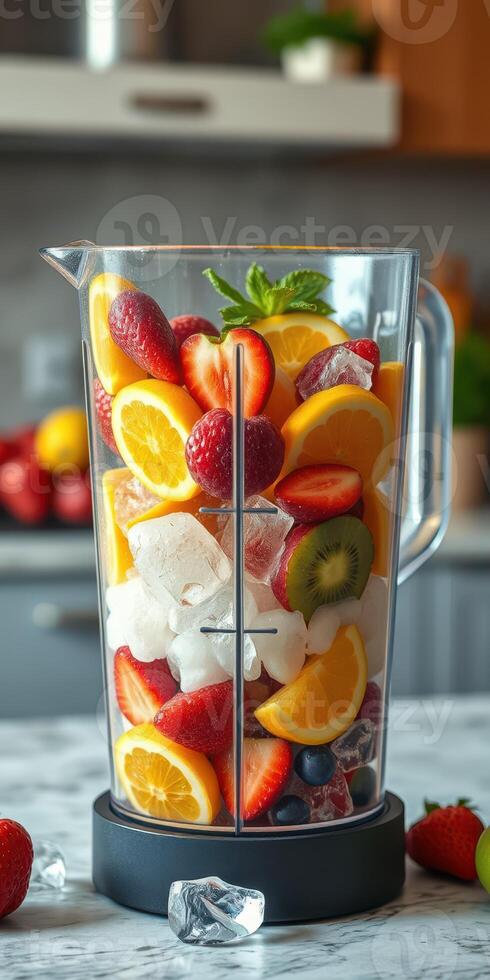 Fresh fruit smoothie preparation with vibrant ingredients in a modern kitchen setting photo