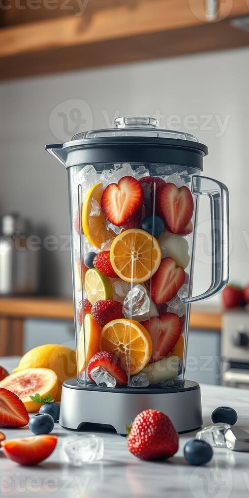 Fresh fruits and ice blended in a modern kitchen to create a refreshing smoothie drink photo
