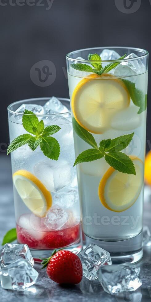 Refreshing lemon and mint beverages served over ice with strawberries on a grey background during a summer gathering photo