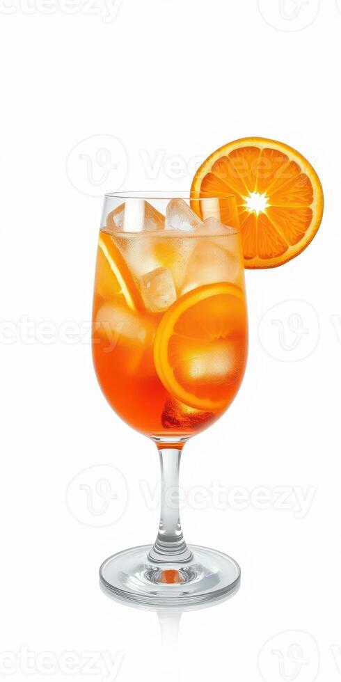 Refreshing orange cocktail served in a clear glass with ice and garnished with orange slices photo