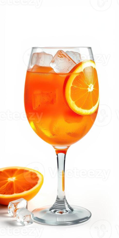 Refreshing orange cocktail with ice and citrus garnishes on a white background for summer enjoyment photo