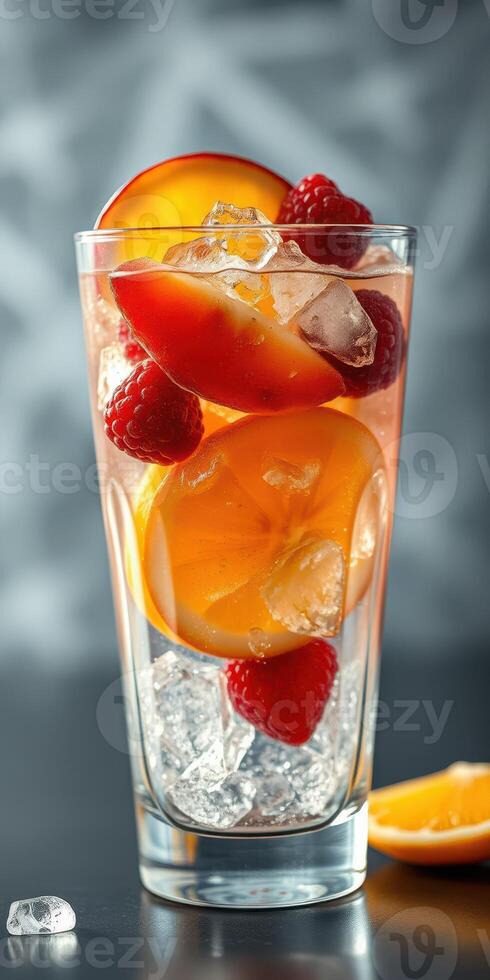 Refreshing fruit cocktail with ice and colorful berries in a tall glass on a dark background photo
