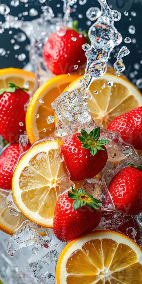 Fresh strawberries and lemons splashing in ice water creating a refreshing summer drink photo
