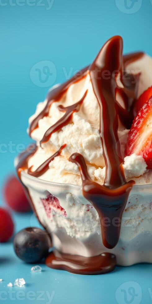 Delicious dessert featuring ice cream topped with chocolate sauce and fresh berries in vibrant colors photo