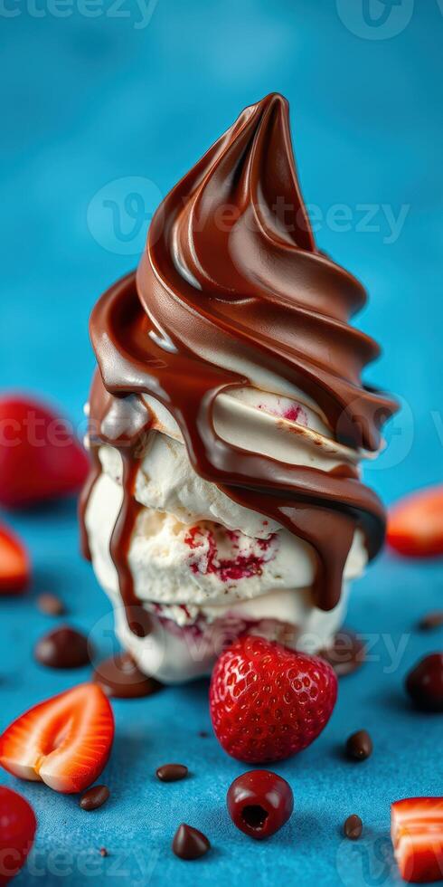 Delightful chocolate swirl ice cream topped with fresh strawberries on a vibrant blue background photo