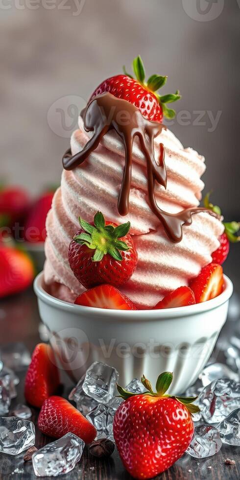Delicious strawberry soft serve ice cream topped with chocolate drizzle and fresh berries served in a bowl photo