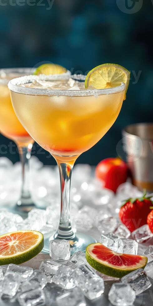Refreshing citrus cocktails served over ice with strawberries at a summer gathering photo