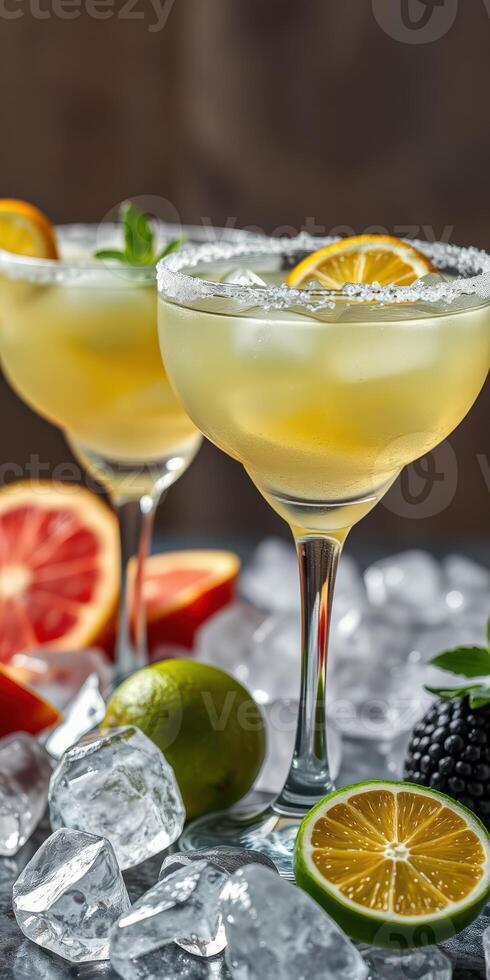 Refreshing citrus cocktails served in elegant glasses on a bed of ice with fresh fruits photo