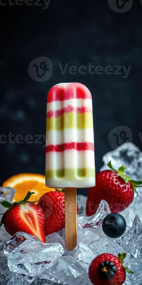 Colorful frozen popsicle surrounded by fresh fruits and ice at a summer gathering photo