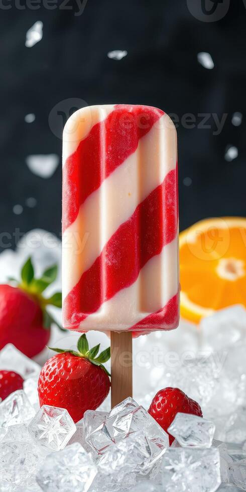 Colorful striped popsicle surrounded by fresh strawberries and ice on a dark background photo