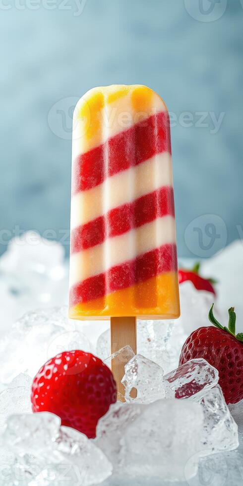 Colorful striped popsicle on ice surrounded by fresh strawberries in a bright setting photo