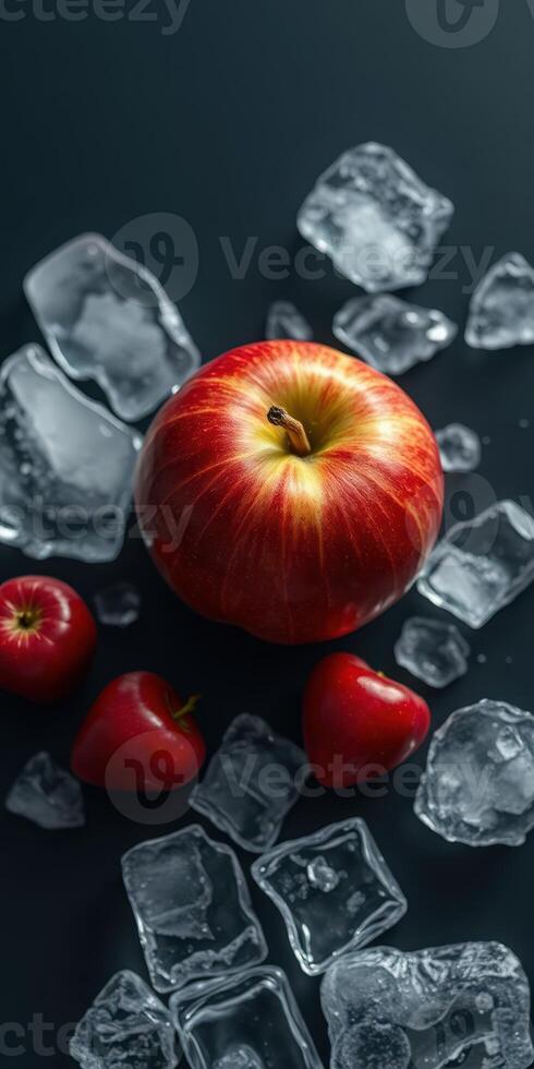 Fresh red apples surrounded by ice cubes on a dark surface highlighting contrast and freshness photo