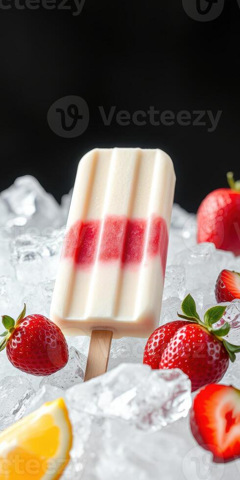 Strawberry and lemon ice cream popsicle placed on ice with fresh strawberries and lemon slices photo