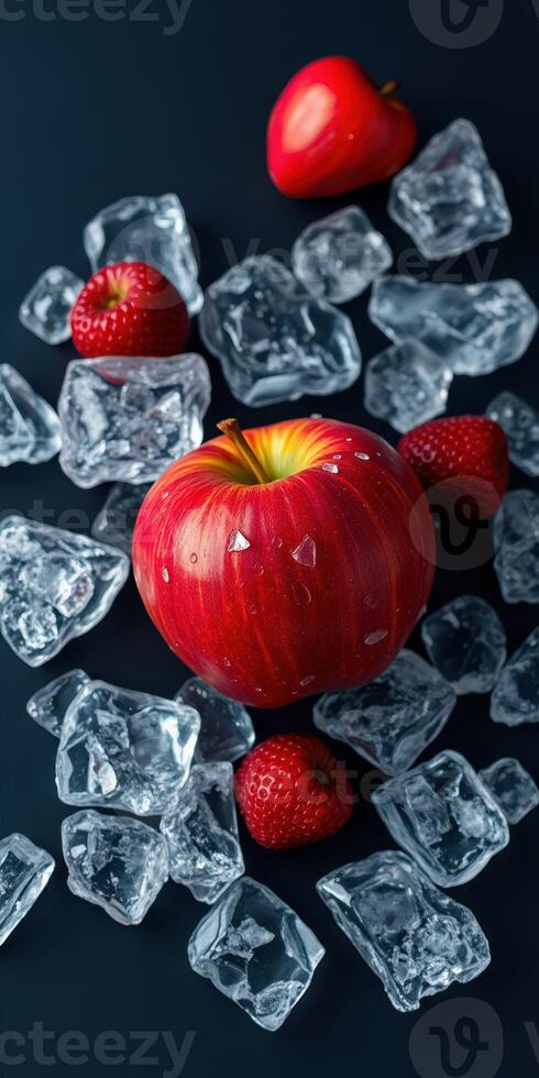 Bright red apple surrounded by ice cubes and fresh strawberries on a dark background for a refreshing look photo