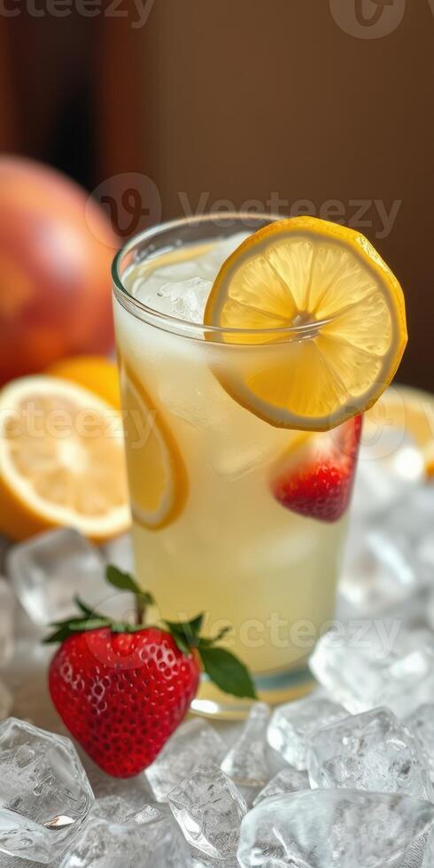 Refreshing lemonade with strawberries and lemon slices on ice near fresh fruits in a bright setting photo