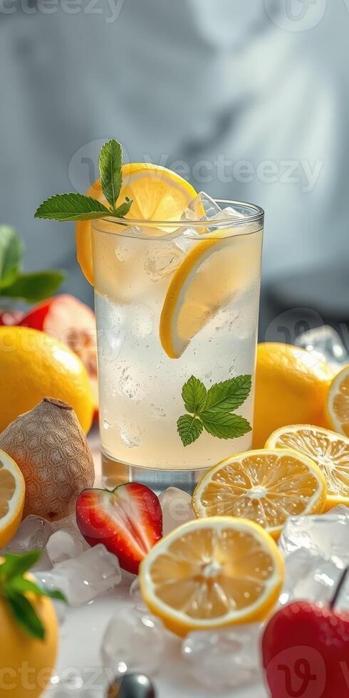 Refreshing lemon and strawberry drink garnished with mint and surrounded by fresh fruits during a sunny day photo