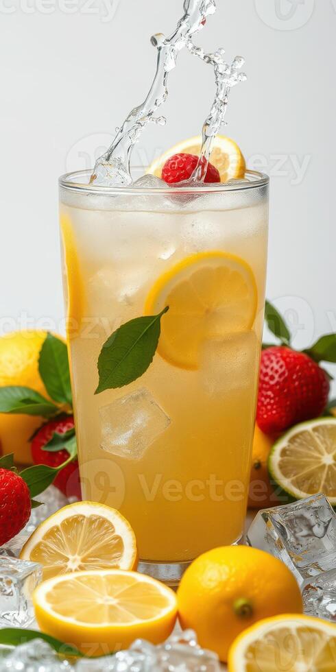 Refreshing lemon and strawberry beverage garnished with fruit and ice, perfect for summer enjoyment at a sunny gathering photo