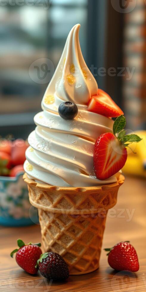 Soft serve ice cream cone topped with fresh strawberries and blueberries in a cozy cafe setting photo