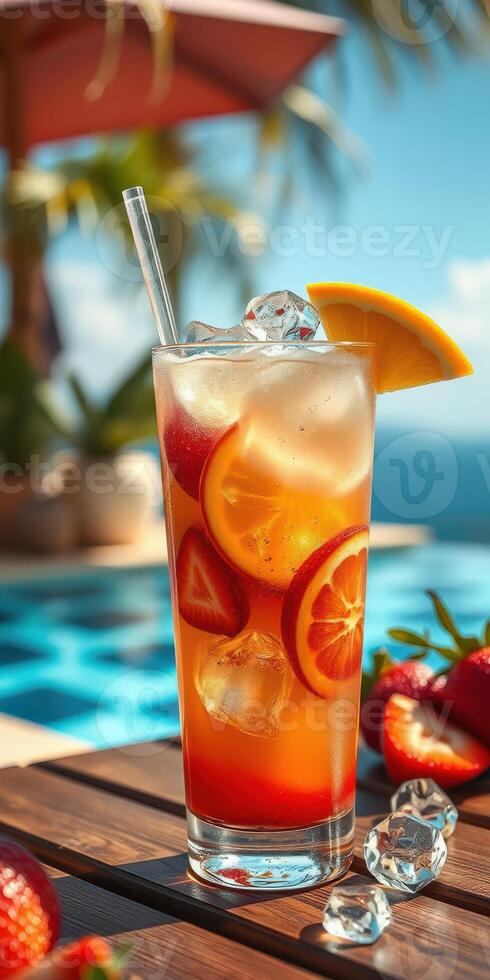 Refreshing summer cocktail garnished with fruits beside a sparkling pool in a tropical paradise during the day photo