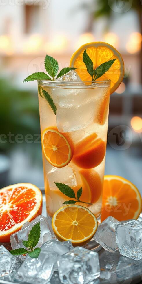 Refreshing citrus drink served in tall glass with ice and garnished with mint leaves photo