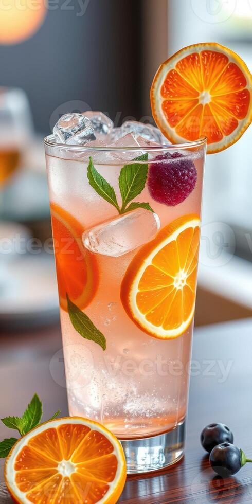 Refreshing citrus beverage garnished with orange slices and mint leaves on a bright surface photo