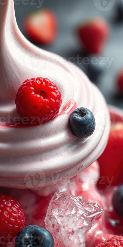Delicious swirl of raspberry soft serve topped with fresh berries photo