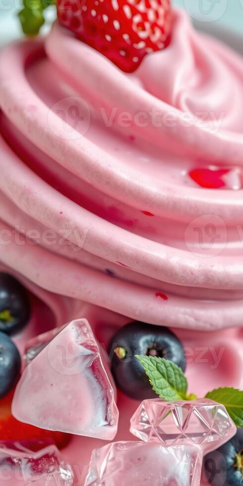 Delicious pink whipped dessert topped with fresh blueberries and mint leaves in a close-up view showcasing its creamy texture photo