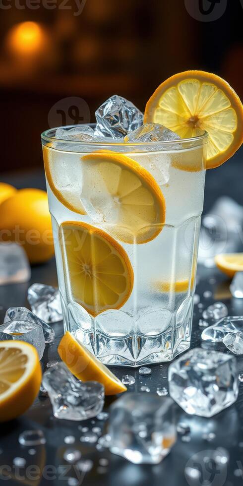 Refreshing lemon drink with ice and citrus slices served in a tall glass surrounded by ice cubes photo