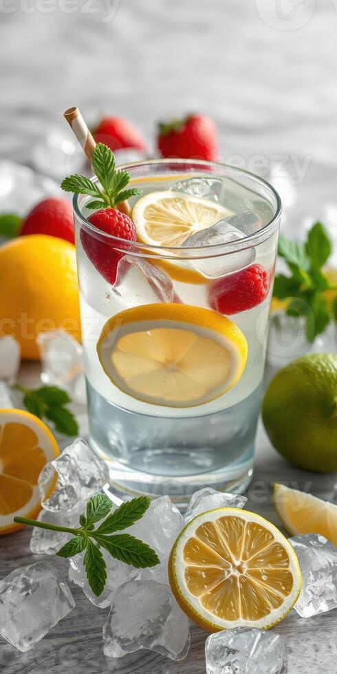 Refreshing lemonade with fresh fruits and mint served over ice in a vibrant summer setting photo