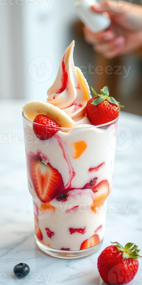 Colorful frozen dessert with strawberries, bananas, and mixed fruits in a glass on a marble table photo