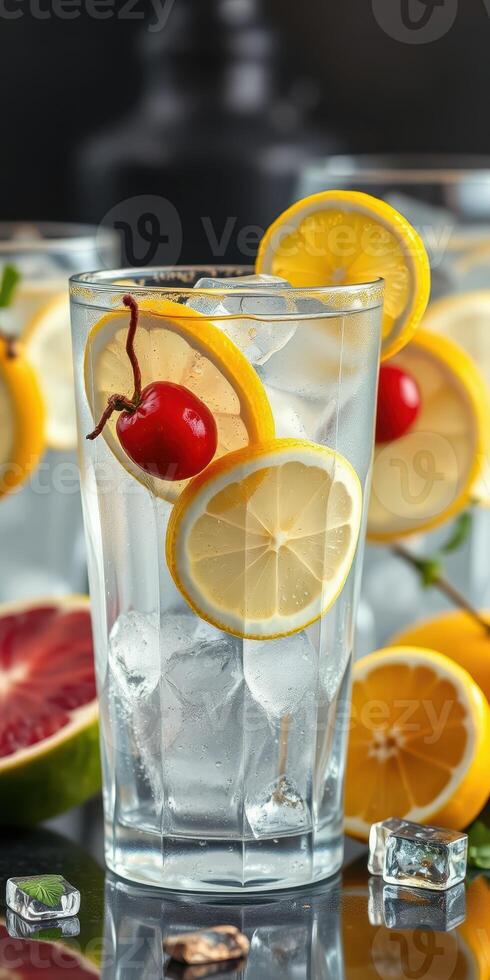 Refreshing drink with lemon slices and cherries garnished with ice on a bright summer day photo