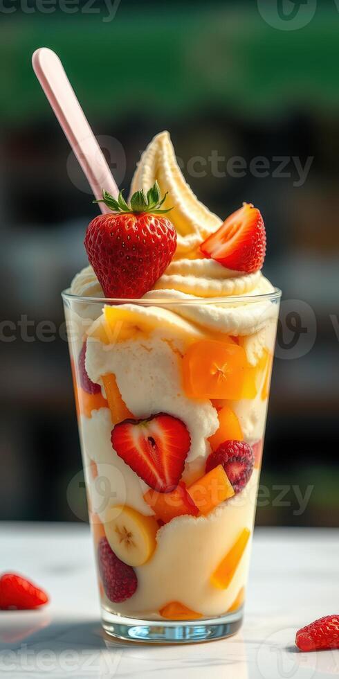 Delicious fruit parfait topped with strawberries, mango, and bananas served in a tall glass photo