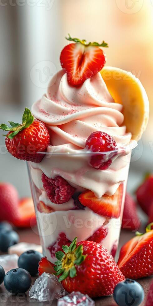 Delicious soft-serve ice cream topped with fresh strawberries, raspberries, and a lemon slice on a sunny afternoon photo