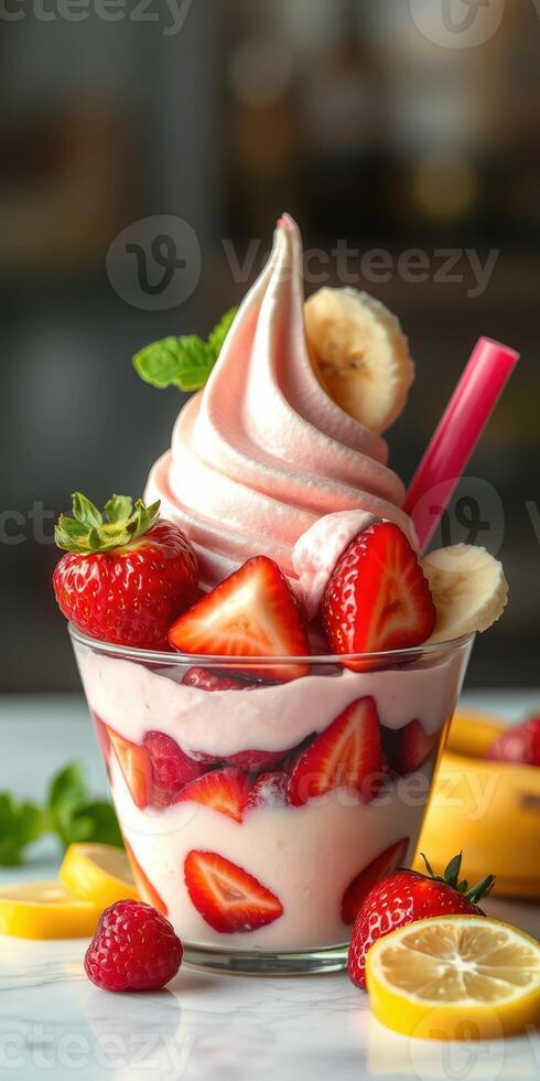 Delicious dessert with strawberries, bananas, and soft serve at a summer gathering in a bright cafe environment photo