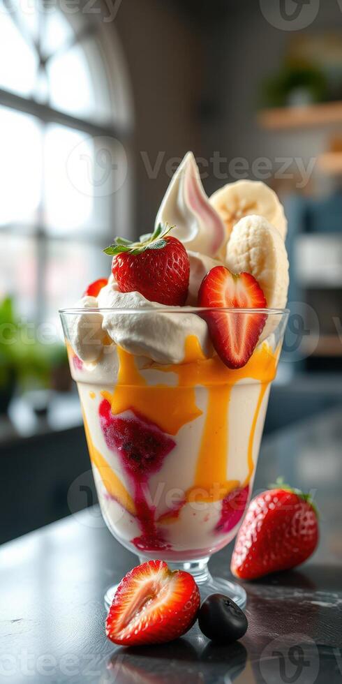 Delightful mixed fruit sundae with strawberries, bananas, and whipped cream in a clear glass cup photo