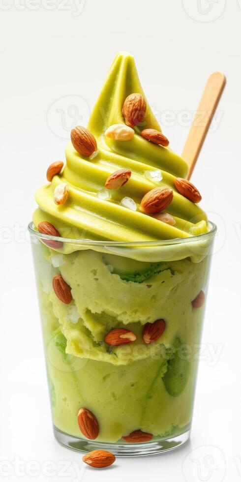 Creamy green dessert topped with almonds served in a clear cup at a modern dessert shop photo