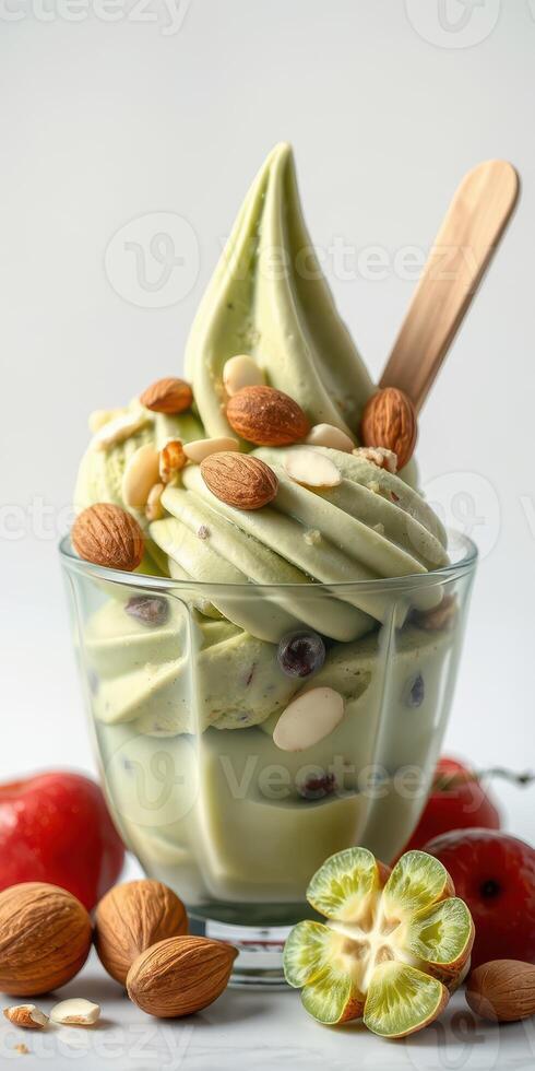 Delightful green tea soft serve topped with nuts and seasonal fruits in a glass cup at a dessert shop photo