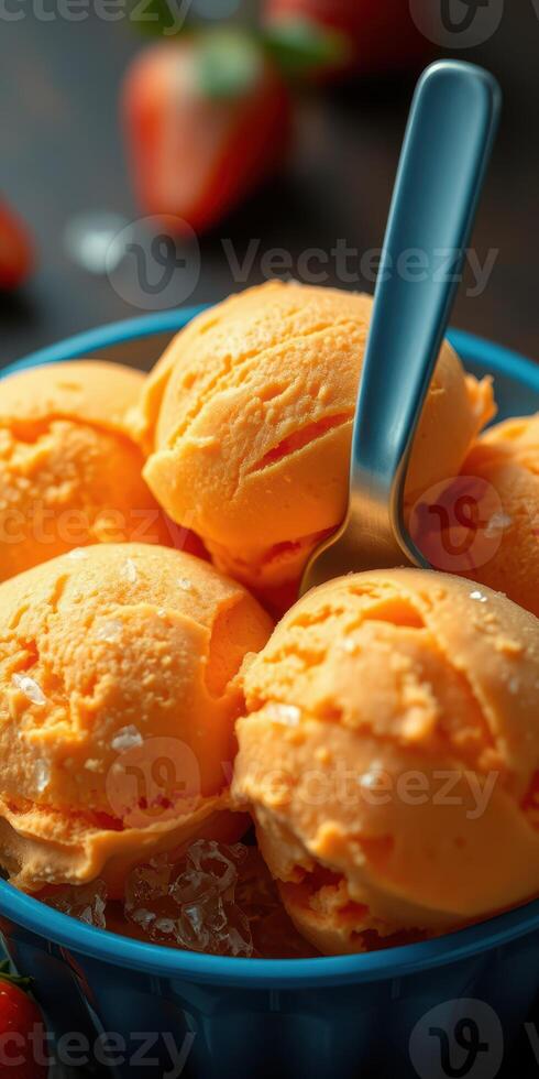 Scoop of vibrant orange ice cream in a bowl with a spoon on a dark surface photo