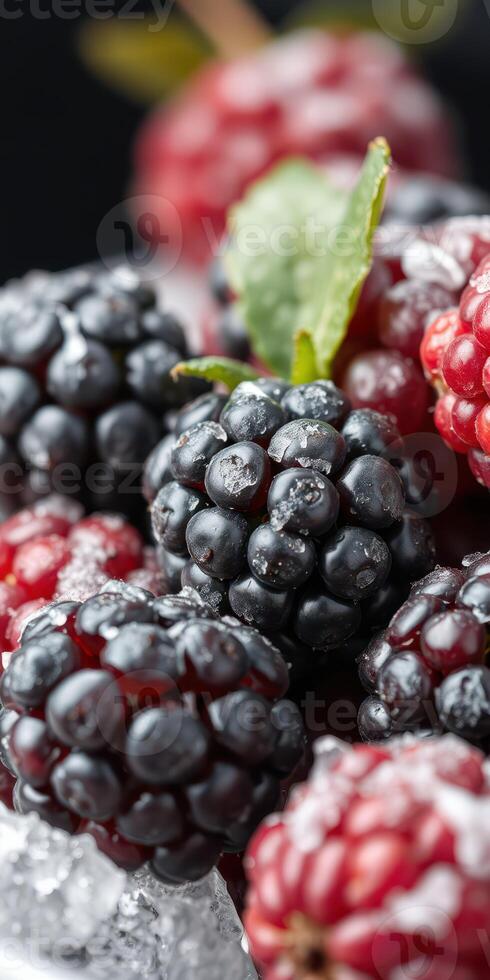 Fresh blackberries and raspberries glisten with moisture, showcasing their vibrant colors and texture in a close-up view photo