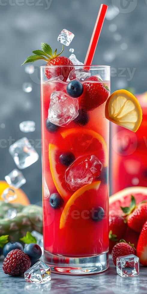 Refreshing summer cocktail with berries and citrus served in a tall glass filled with ice at a vibrant patio setting photo